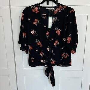 Lush Krisantha Floral Tie Front Blouse Black - S - NWT